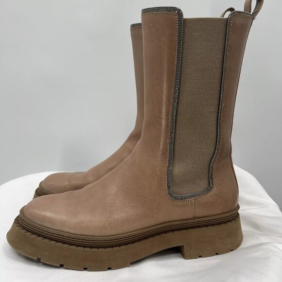 Brunello Cucinelli Leather Chelsea Mid Calf Round Toe Platform Boots Size 38.5 - Picture 13 of 14